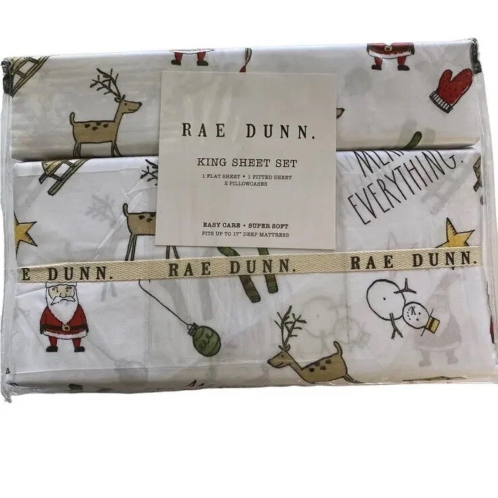 Rae Dunn Merry Everything Christmas Holiday Santa Snowman King Size Sheet Set